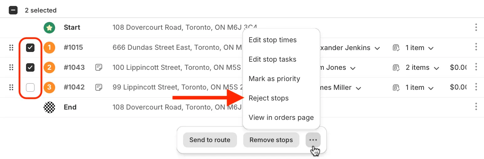 A route's stop list with two stops ticked and the actions menu open, an arrow pointing to Reject stops
