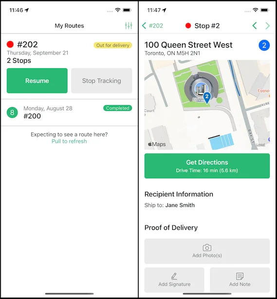 The driver app showing a route list with Resume and Stop Tracking, and a stop screen with directions and proof-of-delivery buttons