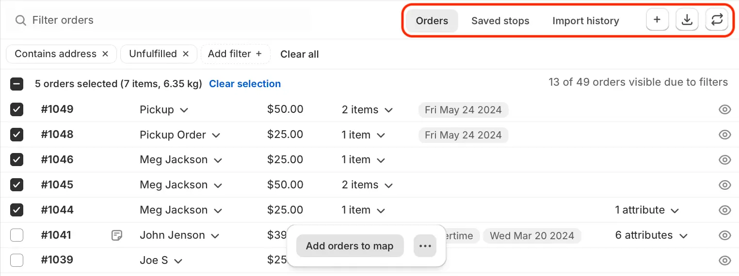 The orders page with the Orders, Saved stops and Import history tabs highlighted above a filtered order list