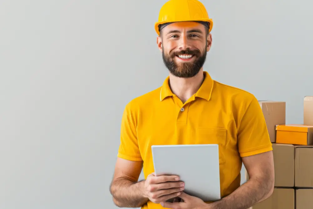 A warehouse worker in a yellow hard hat holding a tablet beside stacked cartons
