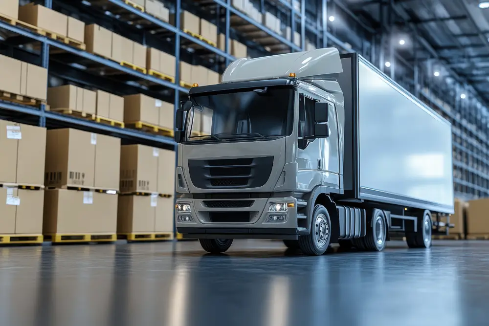 A white articulated truck parked inside a warehouse beside racks of palletised cartons