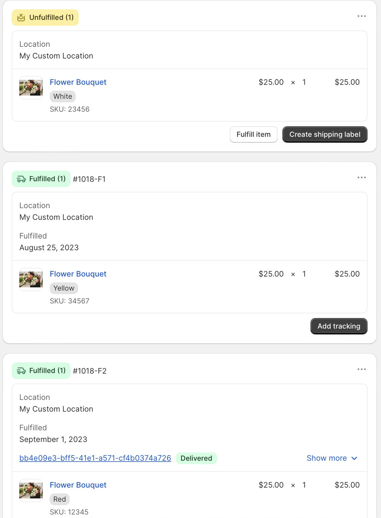 An order split into one unfulfilled item and two fulfillments, one awaiting tracking and one delivered