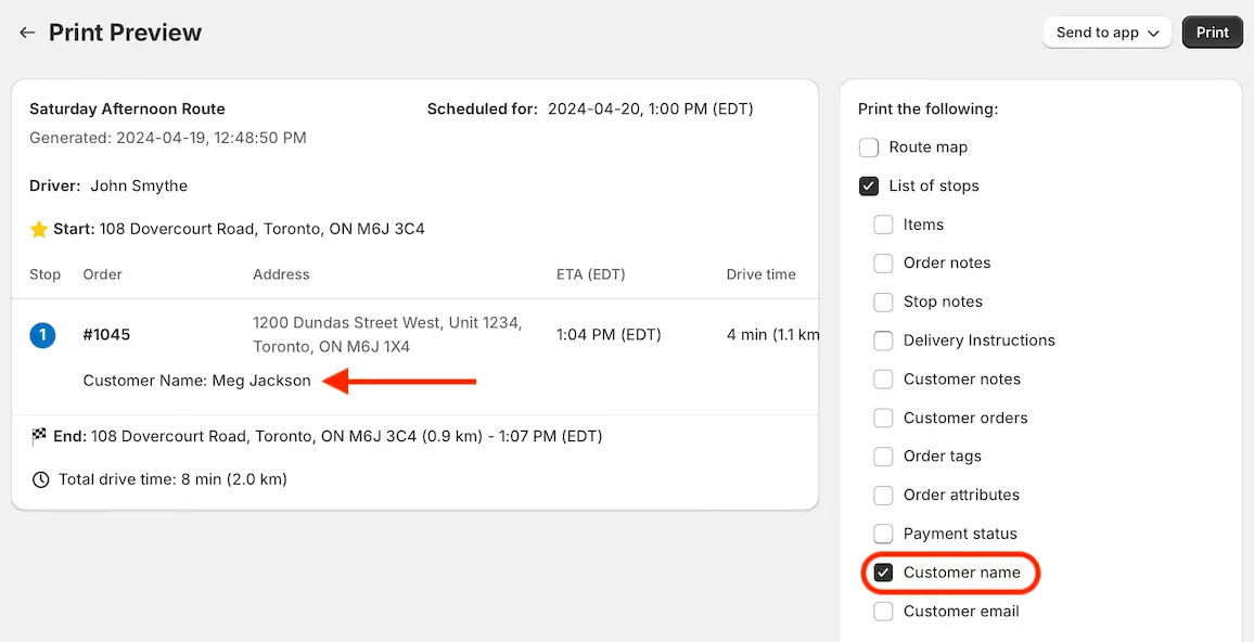 The route print preview with Customer name ticked in the print options and the name showing on the stop