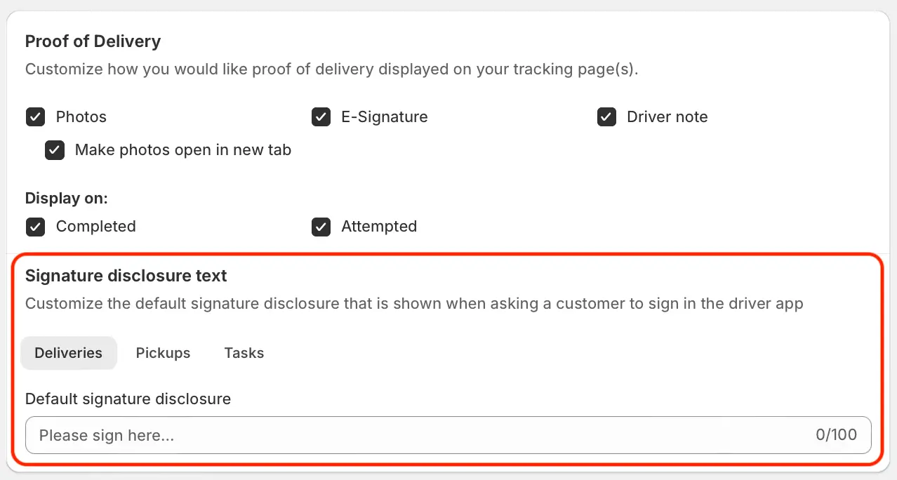 Proof of Delivery settings with the signature disclosure text section highlighted