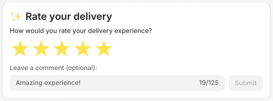 A Rate your delivery card with five stars and a comment reading Amazing experience!