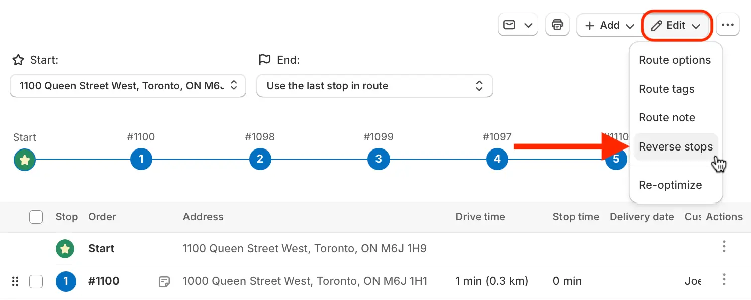 A route's Edit menu open on Route options, Route tags, Route note, Reverse stops and Re-optimize, with Reverse stops highlighted