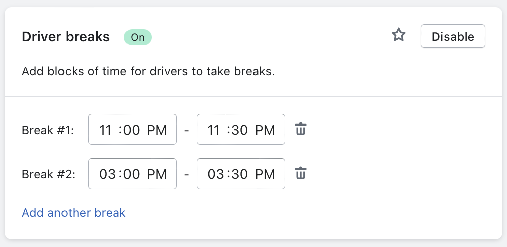 The Driver breaks setting with two break windows configured