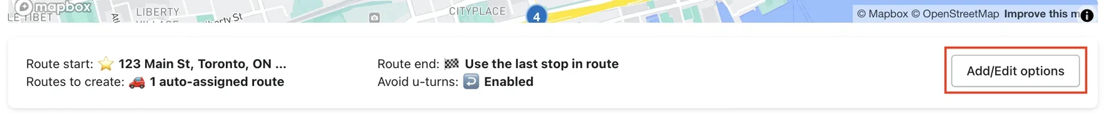 A route's options bar showing start, end and u-turn settings, with Add/Edit options highlighted