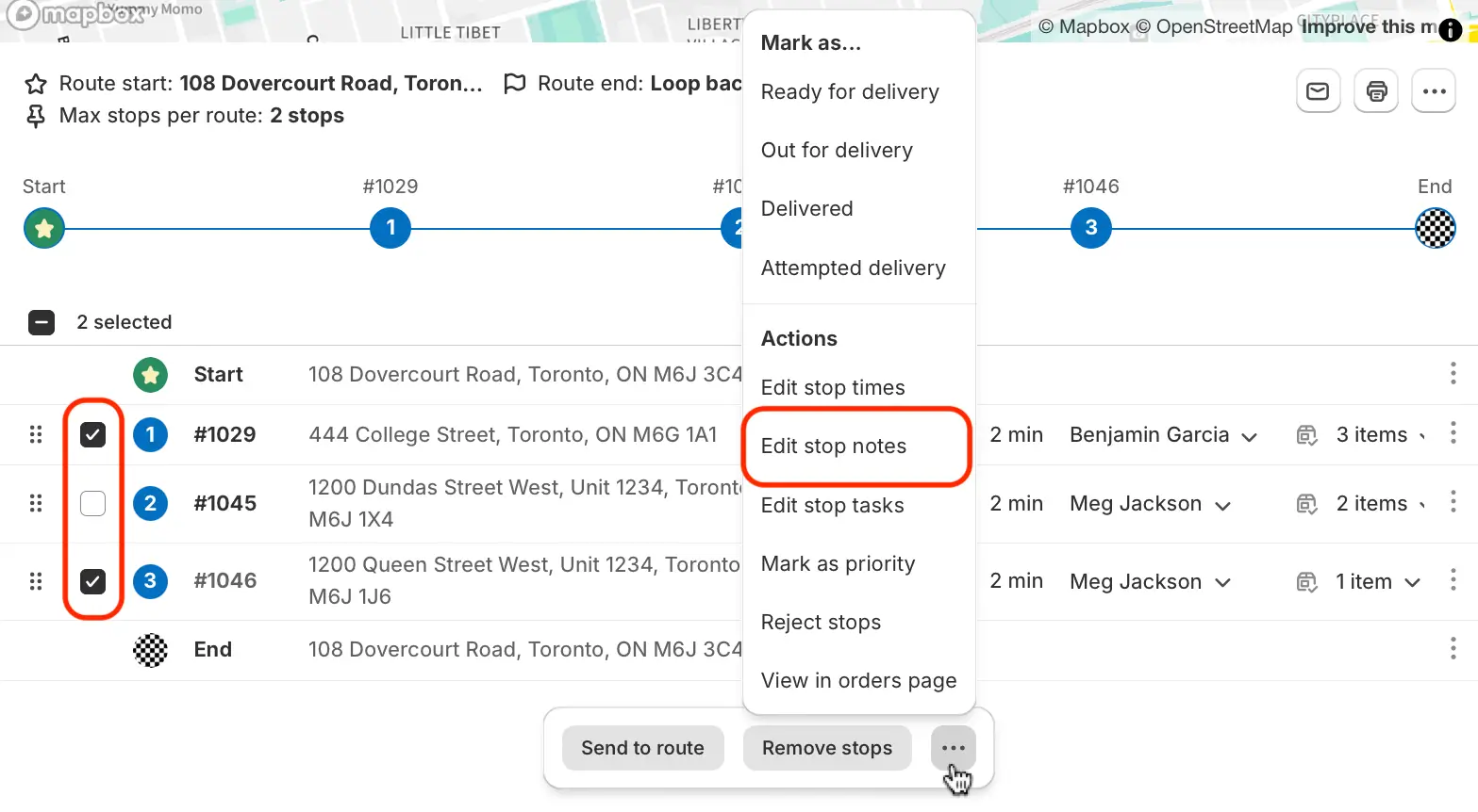 A route's stop list with the Mark as menu open, Edit stop notes highlighted