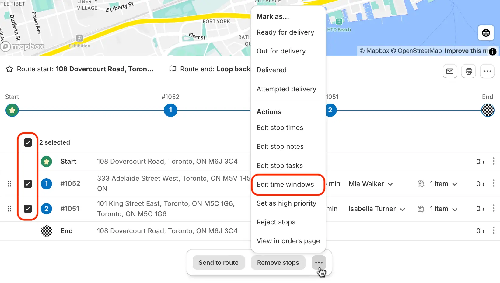 A route with two stops ticked and the actions menu open, Edit time windows highlighted