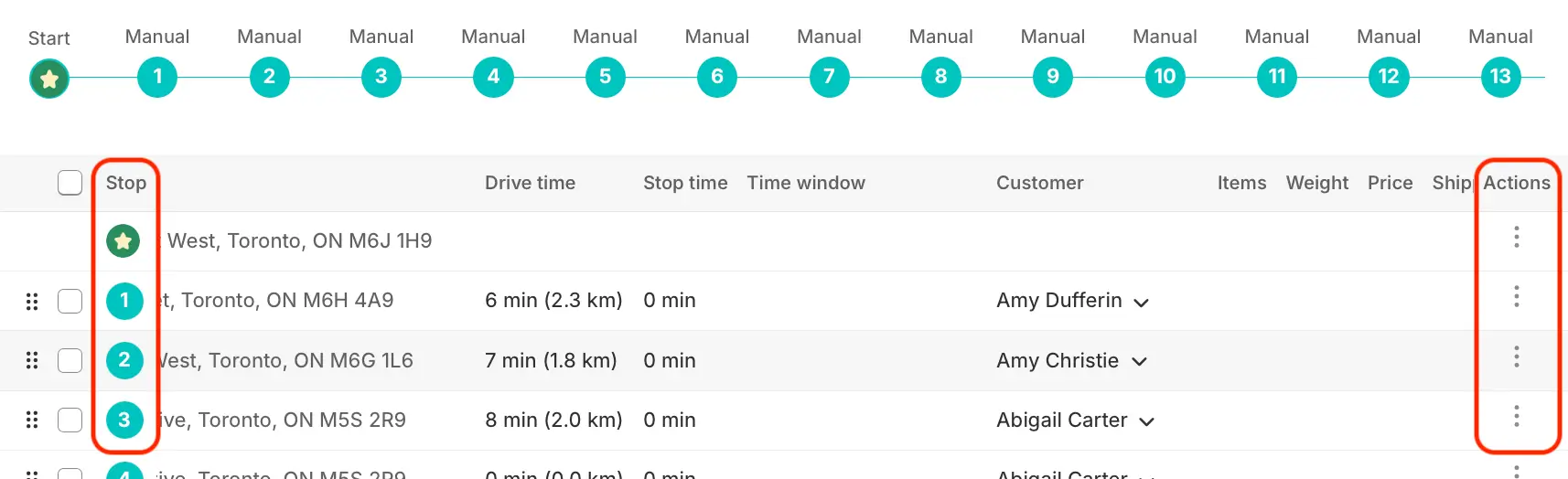 A route's stop table with the Stop and Actions columns highlighted