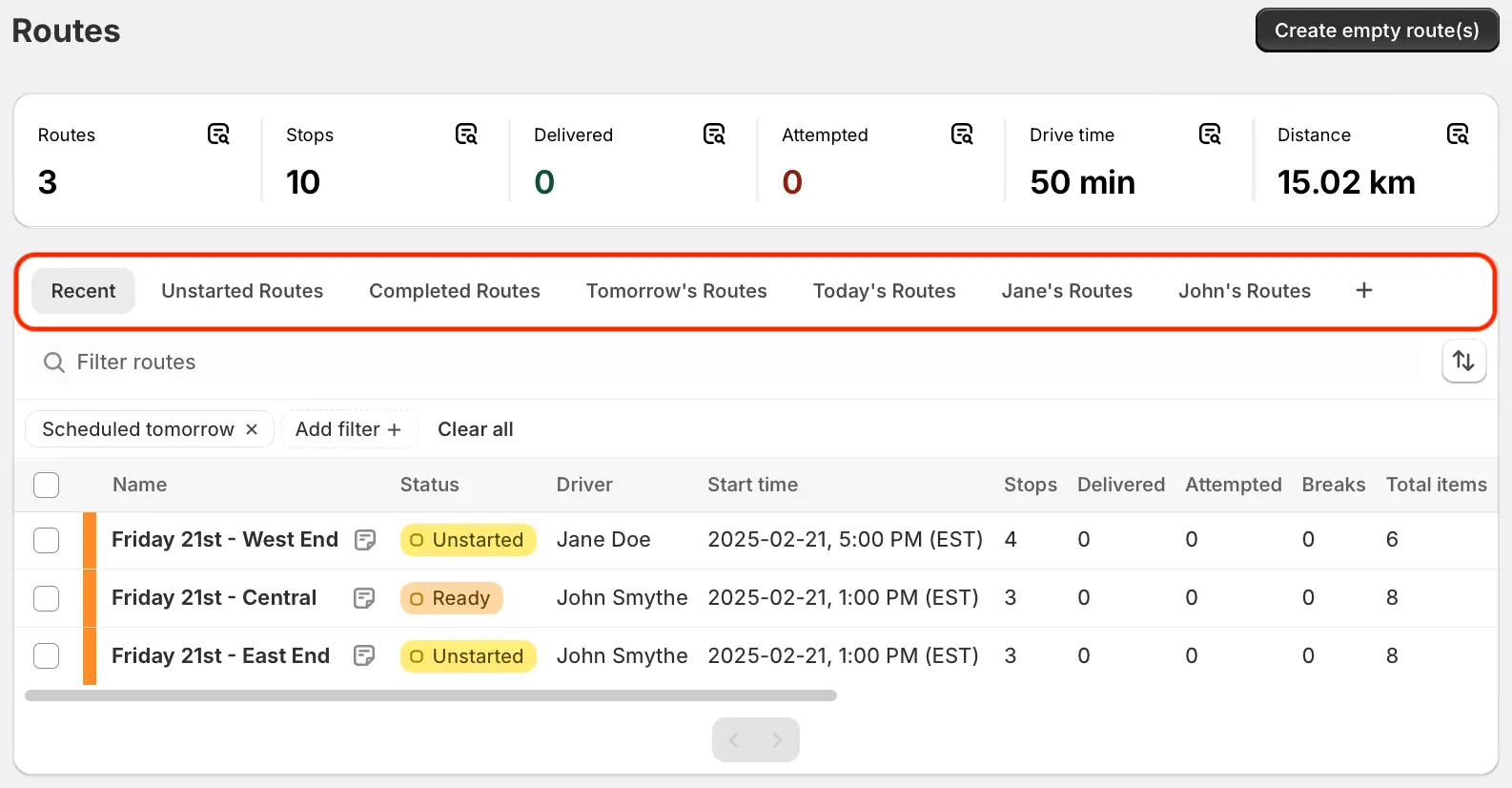 The Routes page with saved view tabs highlighted: Recent, Unstarted, Completed, Tomorrow's, Today's and per-driver routes