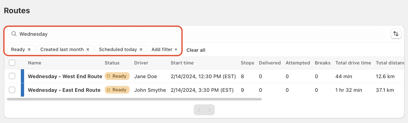 The Routes page with a search for Wednesday and the Ready, Created last month and Scheduled today filters highlighted