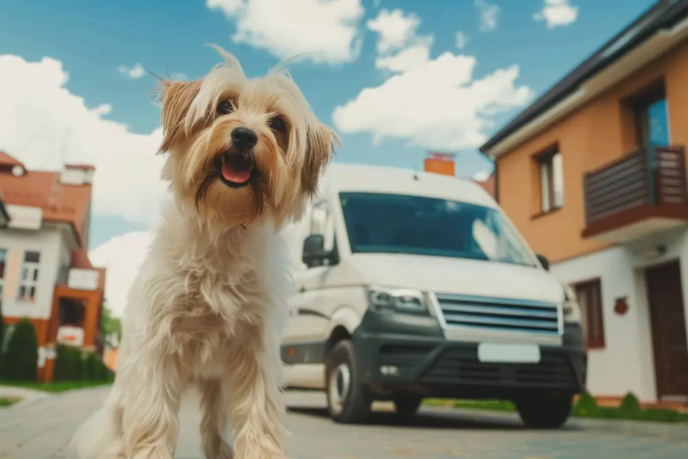 A small shaggy dog standing in a driveway in front of a white delivery van