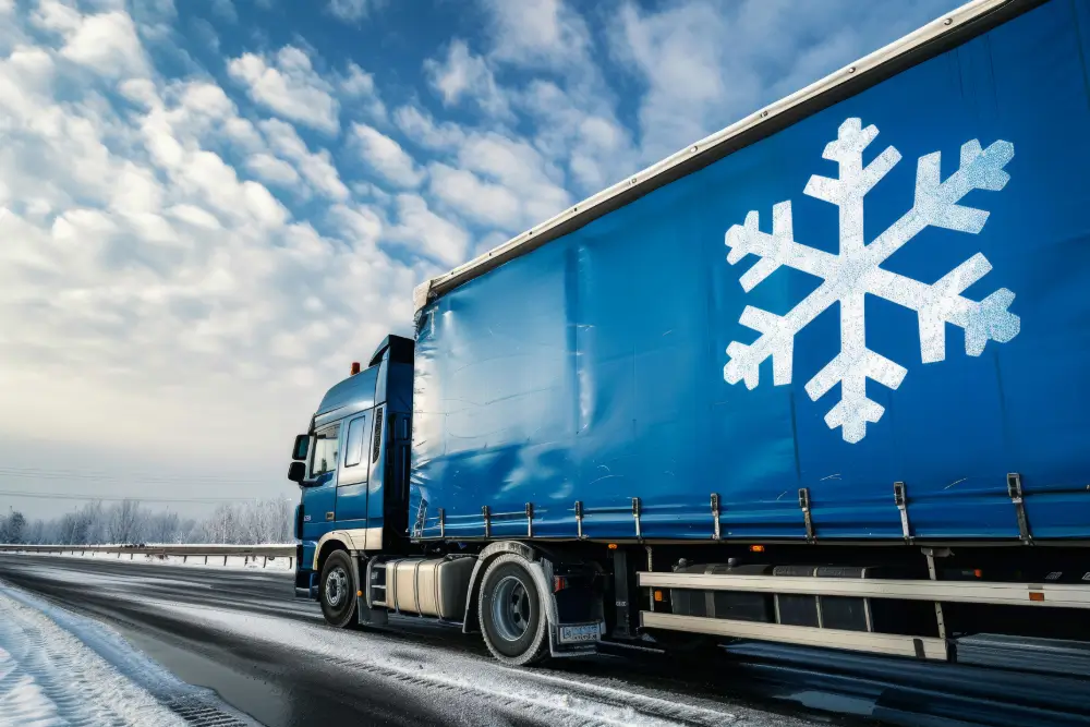 A blue refrigerated truck marked with a large snowflake driving a snowy road