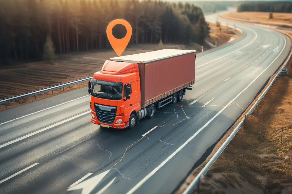 An orange truck on a highway with a map location pin floating above it