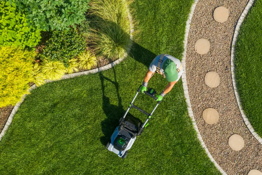 An overhead view of a gardener pushing a mower across a manicured lawn beside a gravel path