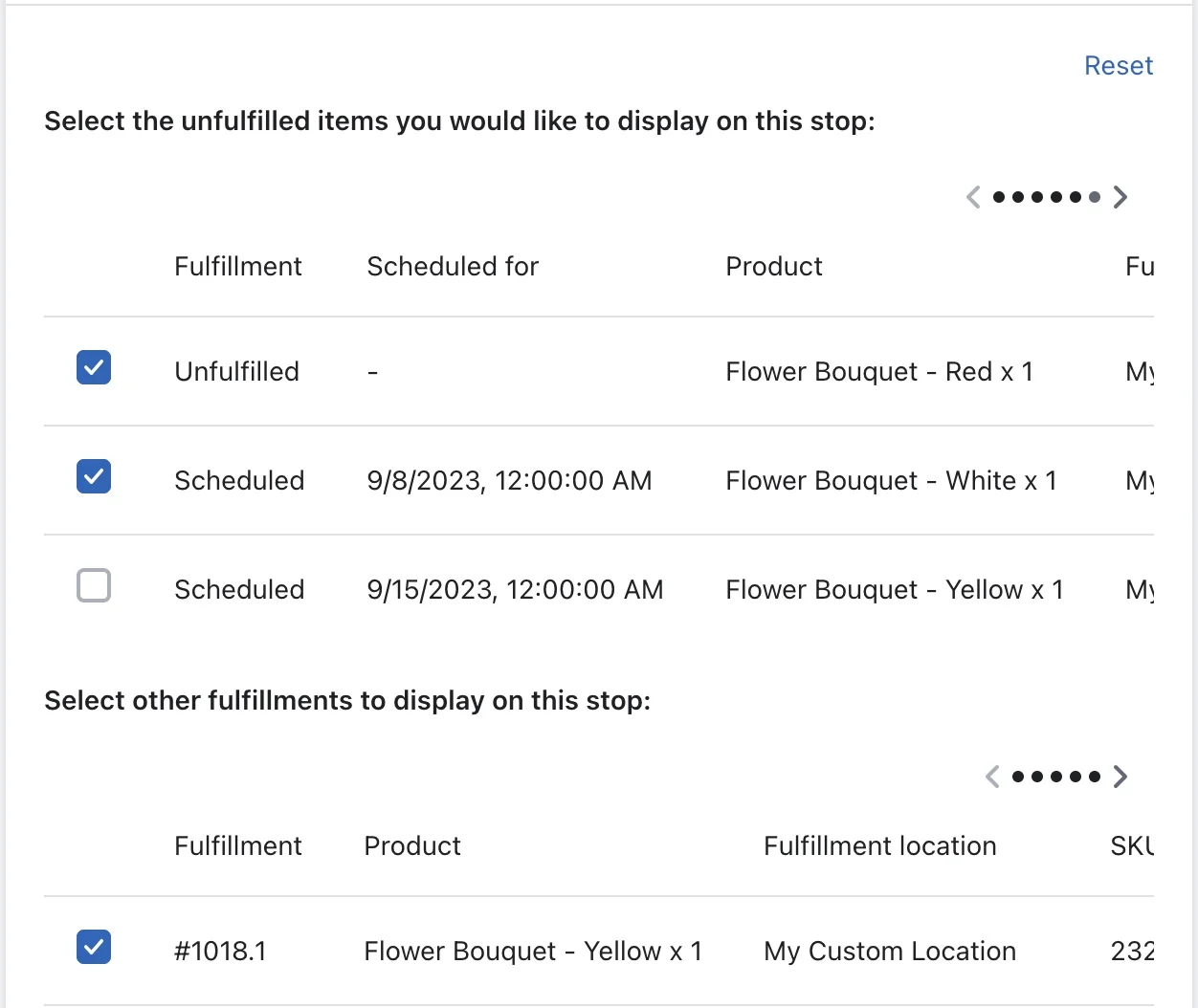 A dialog for choosing which unfulfilled items and fulfillments to show on a stop, with three of four ticked