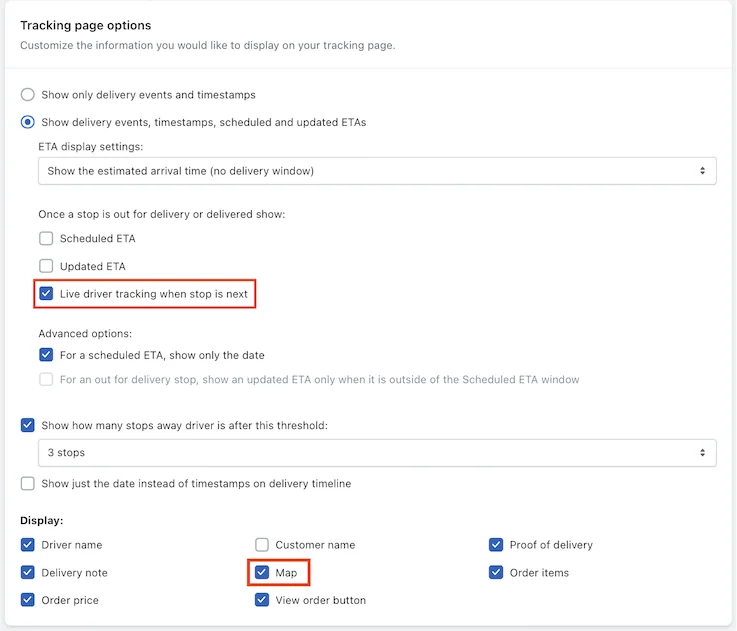 Tracking page options, with Live driver tracking when stop is next and the Map display option both highlighted
