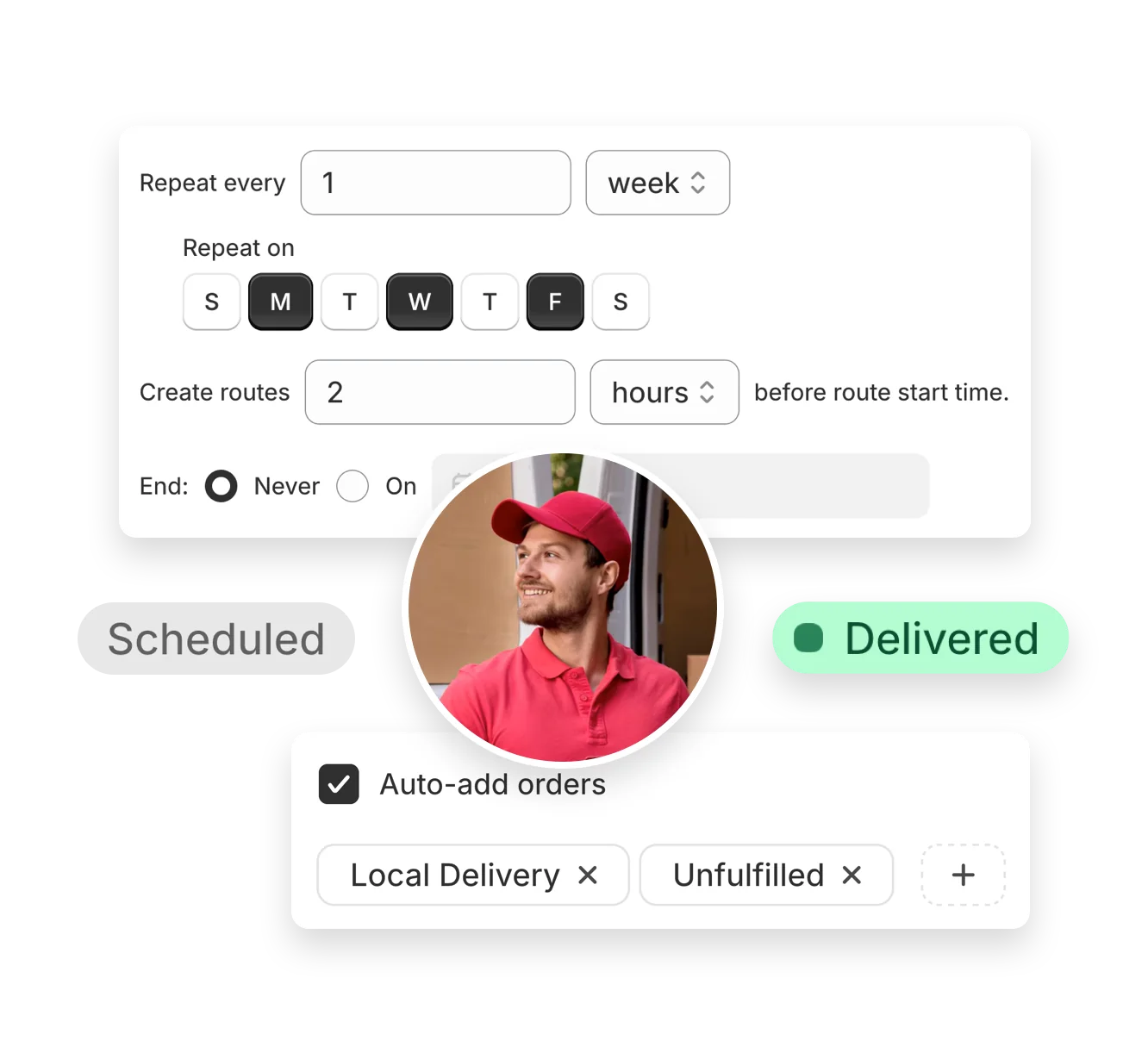 Route scheduling options, with a scheduled route and orders added to it automatically