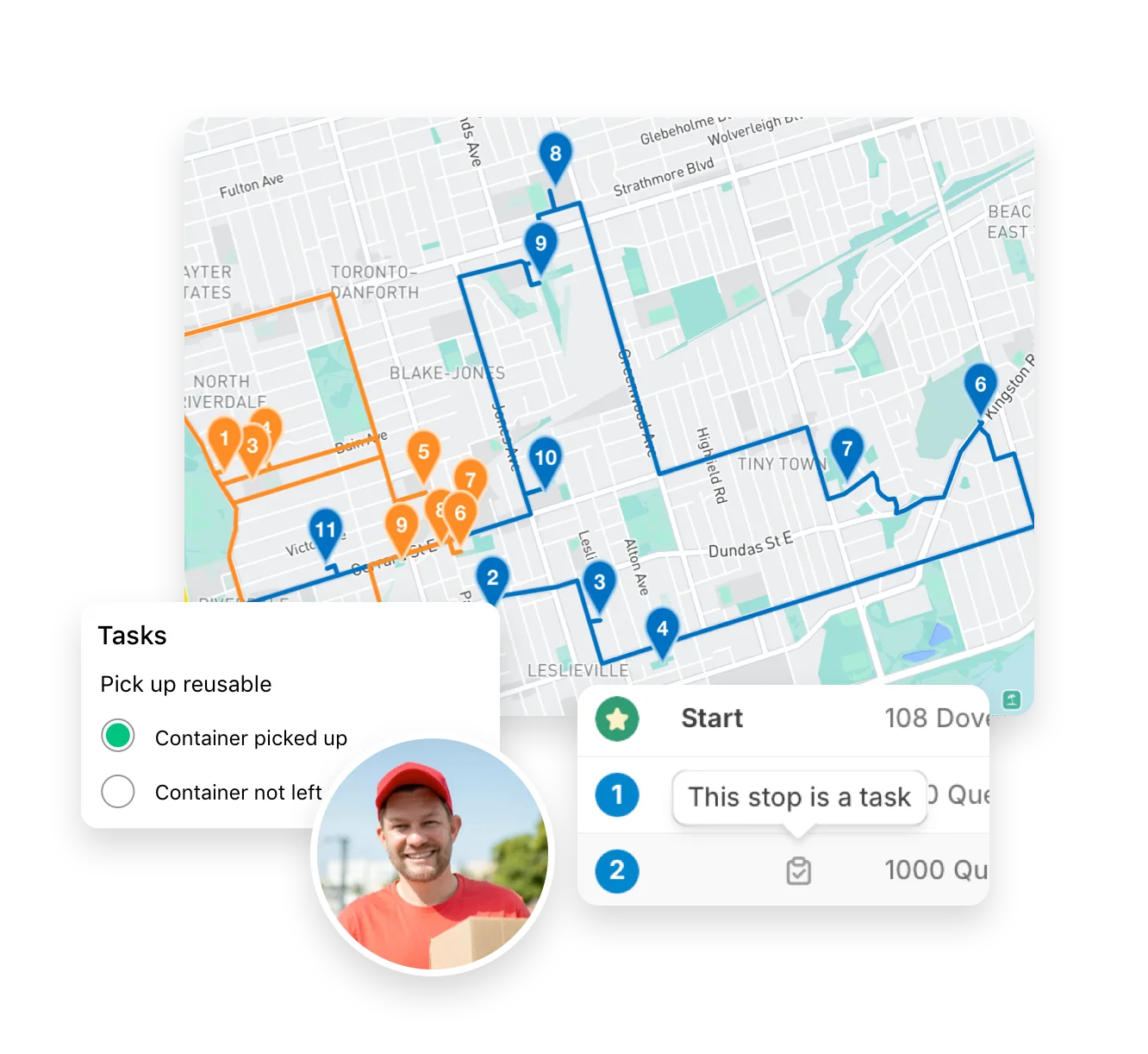 A delivery route on a map, with a stop carrying task notes for its driver