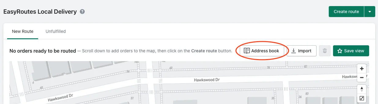The New Route tab of the EasyRoutes Orders screen with the Address book button circled beside Import and Save view