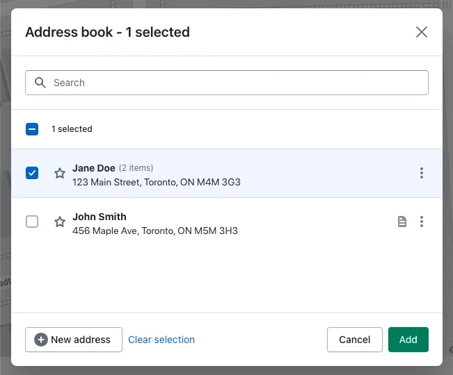 The Address book dialog with one of two saved entries ticked, star icons beside each name, and New address and Add buttons