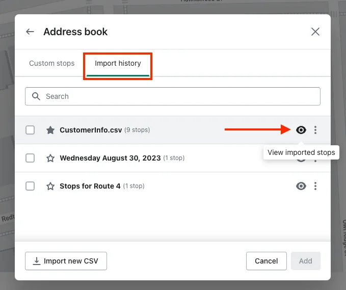 The Address book’s Import history tab listing three imports, with an arrow pointing to the View imported stops eye icon