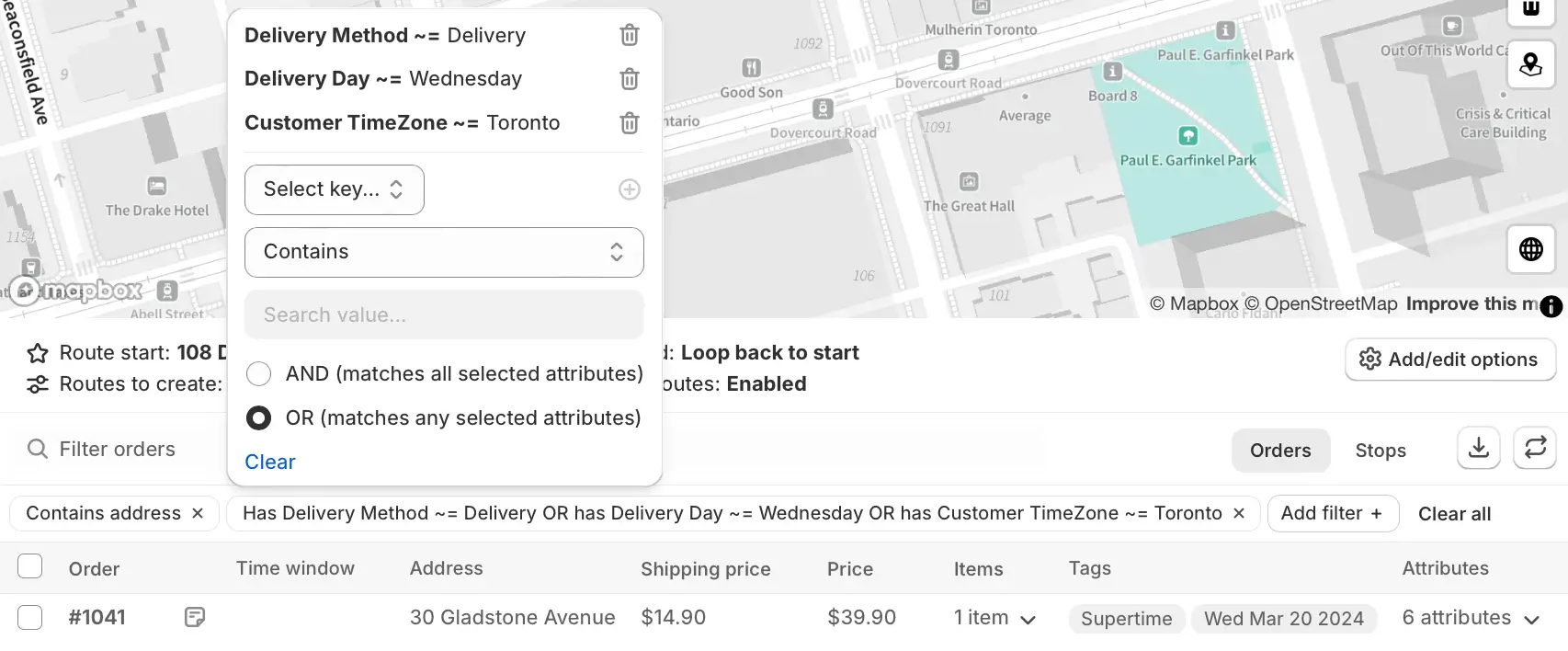 The Orders page attribute filter with three attributes set, OR (matches any selected attributes) chosen, and the combined filter chip below