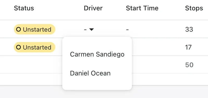 The Driver column in the routes group view with a drop-down open to pick a driver for an Unstarted route