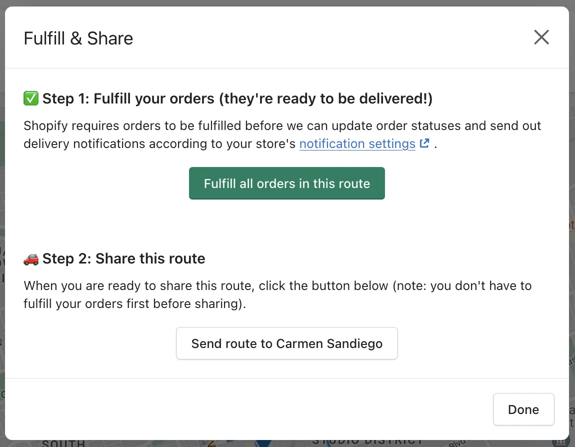 The Fulfill & Share dialog with a “Fulfill all orders in this route” button and a “Send route to Carmen Sandiego” button