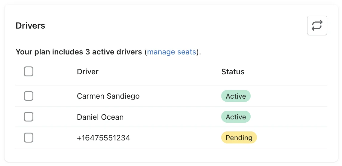 The Drivers settings card showing a plan with 3 active drivers, a manage seats link, and two Active drivers and one Pending