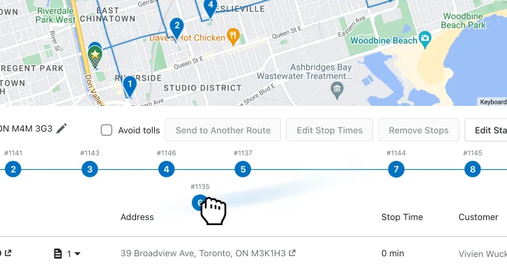 A stop being dragged off the horizontal stop line below the route map to a new position in the route