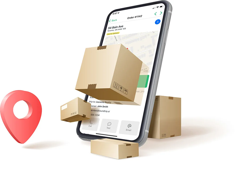 A phone showing the EasyRoutes driver app's stop screen for Order #1142, with Call, Text and Email buttons, among cardboard boxes and a map pin