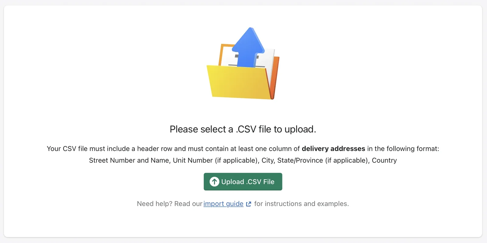 The CSV upload screen reading “Please select a .CSV file to upload.” with the required address format and a green Upload .CSV File button