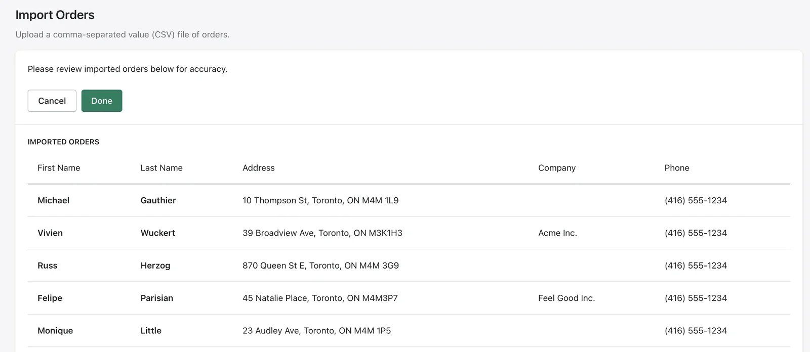 The Import Orders review screen listing imported orders by First Name, Last Name, Address, Company and Phone, with Cancel and Done buttons