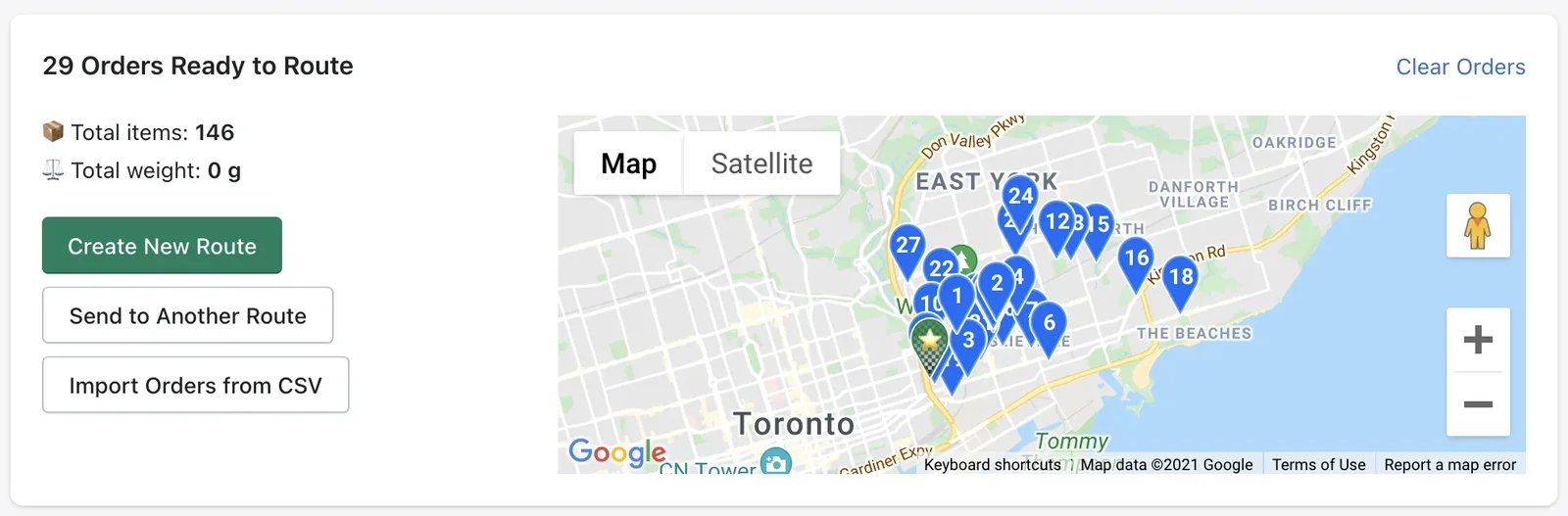 The 29 Orders Ready to Route panel with numbered pins on a map of east Toronto beside the Create New Route and Import Orders from CSV buttons