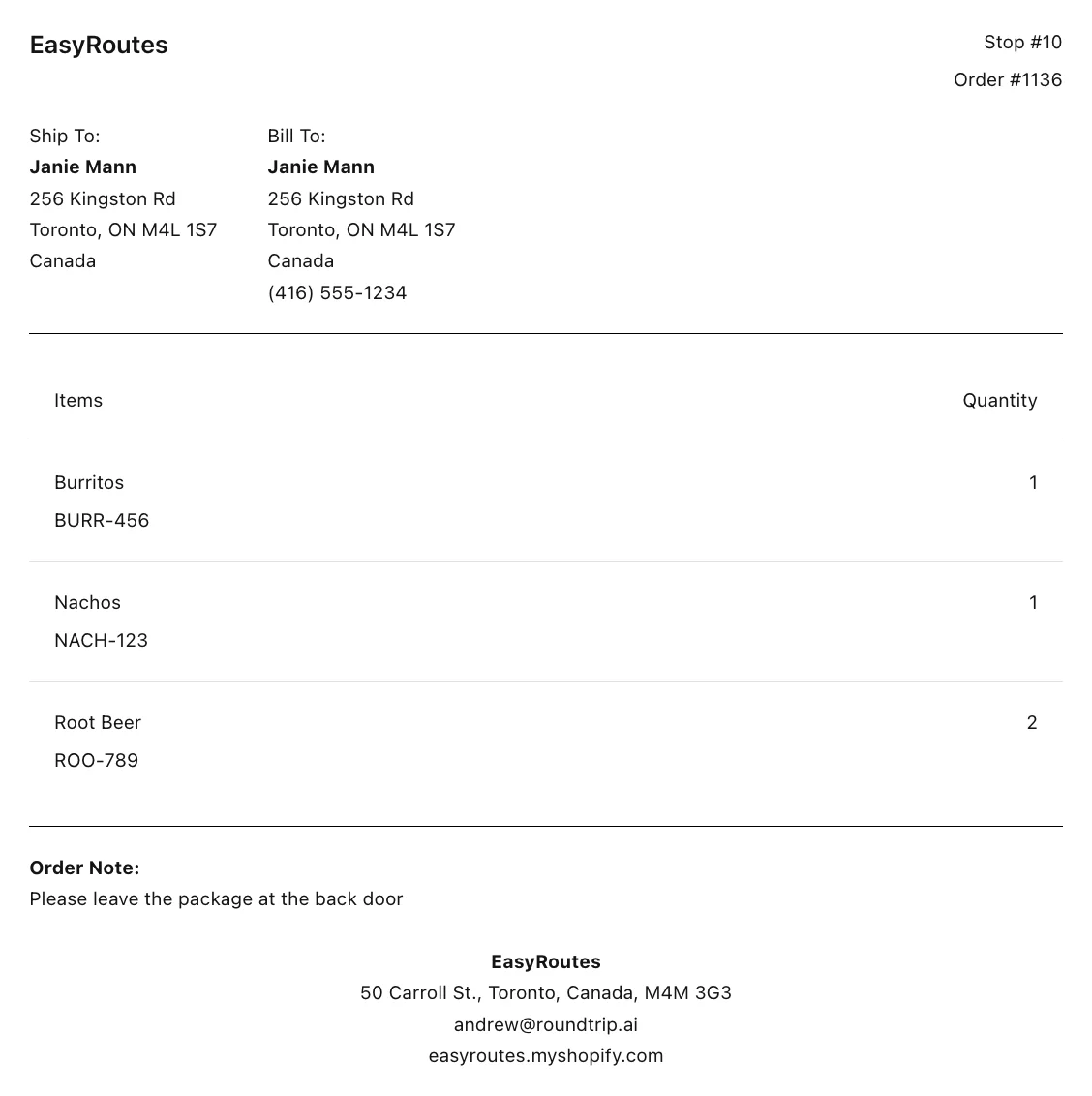 A packing slip for Stop #10, Order #1136, with ship-to and bill-to addresses, three items with SKUs and quantities, and an order note