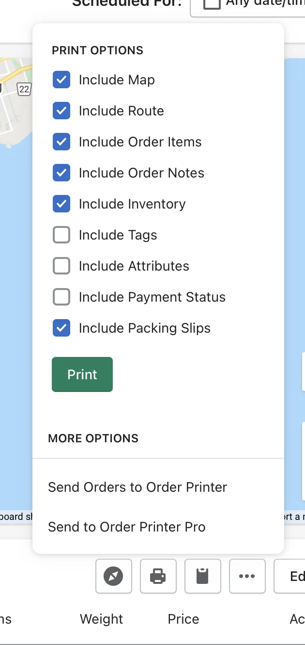 The Print Options menu under a route's print icon with Include Packing Slips ticked alongside Include Map, Route, Order Items and more