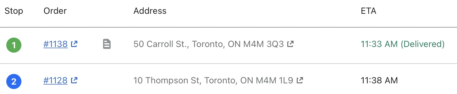 A route's stop list where stop 1 shows its ETA in green as 11:33 AM (Delivered) and stop 2 shows an upcoming ETA of 11:38 AM