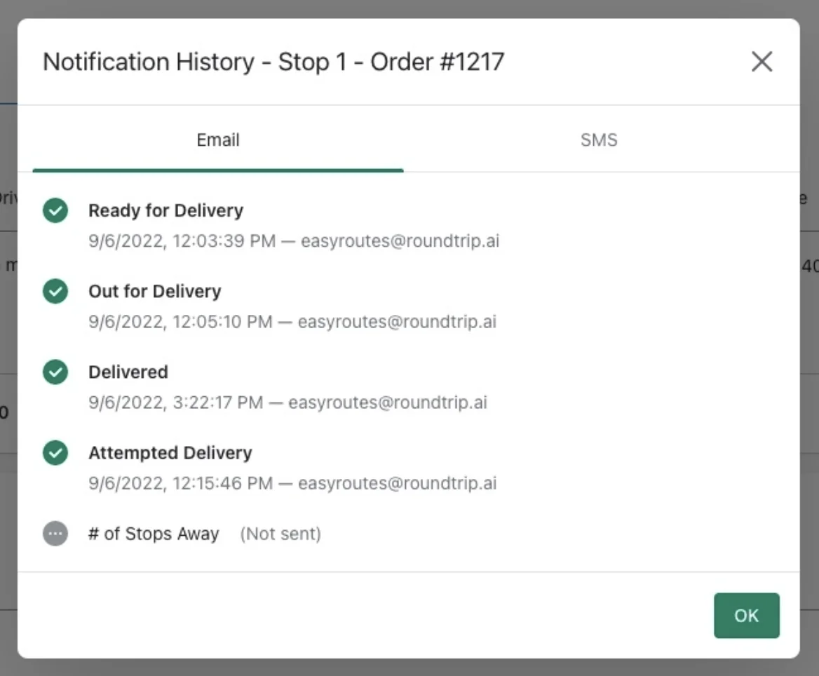 The Notification History pop-up for Stop 1 on its Email tab, listing sent notifications with timestamps and # of Stops Away marked Not sent