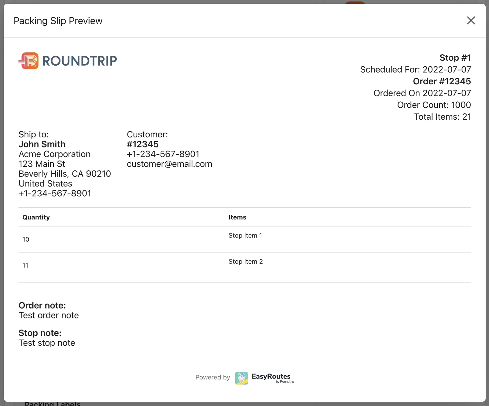The Packing Slip Preview with a store logo, stop and order details, ship-to address, an items table, and order and stop notes
