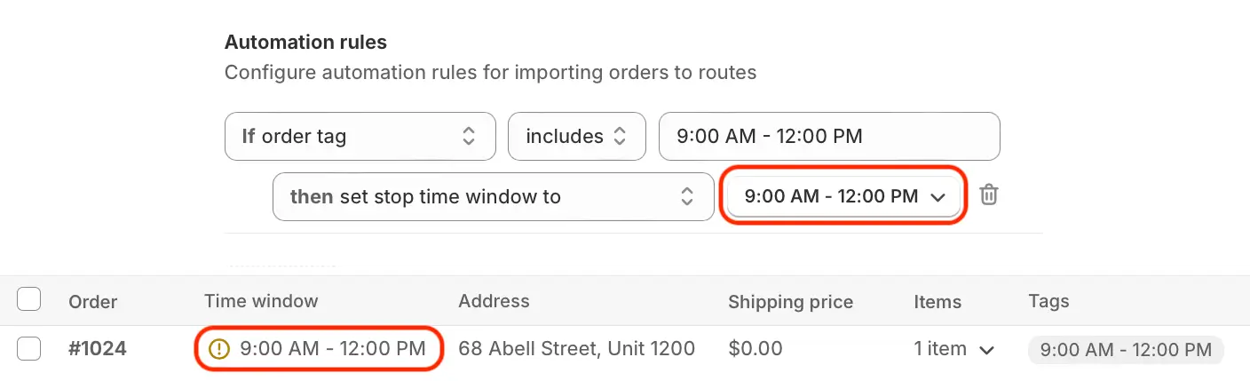 An automation rule setting a 9:00 AM - 12:00 PM stop time window from an order tag, and that window shown for order #1024 in the orders table