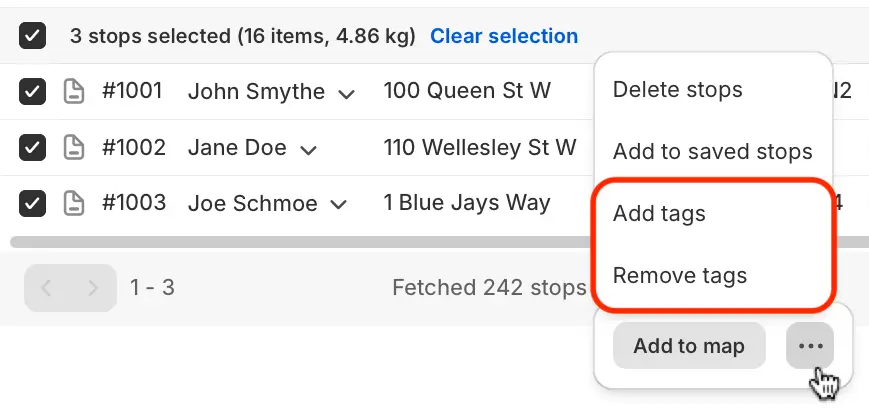 Three imported stops selected on the Orders page, with Add tags and Remove tags outlined in the menu opened from the three-dots button