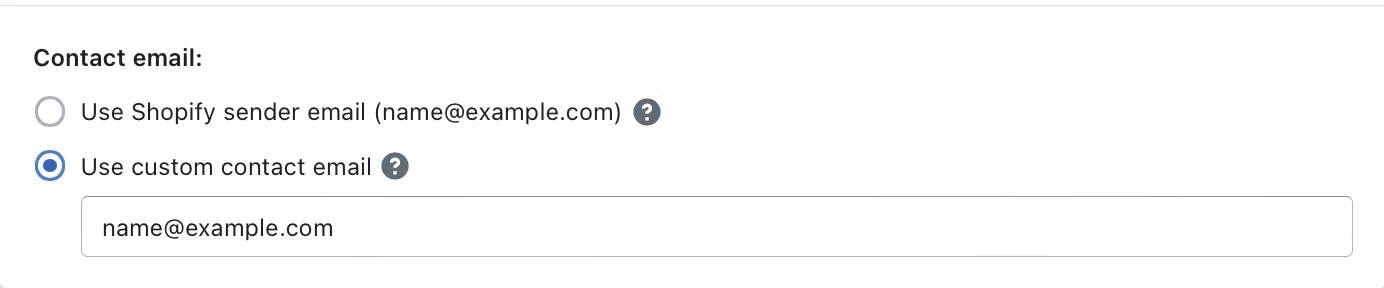 The Contact email setting with Use custom contact email selected and an email address entered in the field below