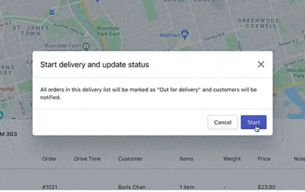 The “Start delivery and update status” dialog on a shared route, warning that orders will be marked “Out for delivery”, with the Start button being clicked