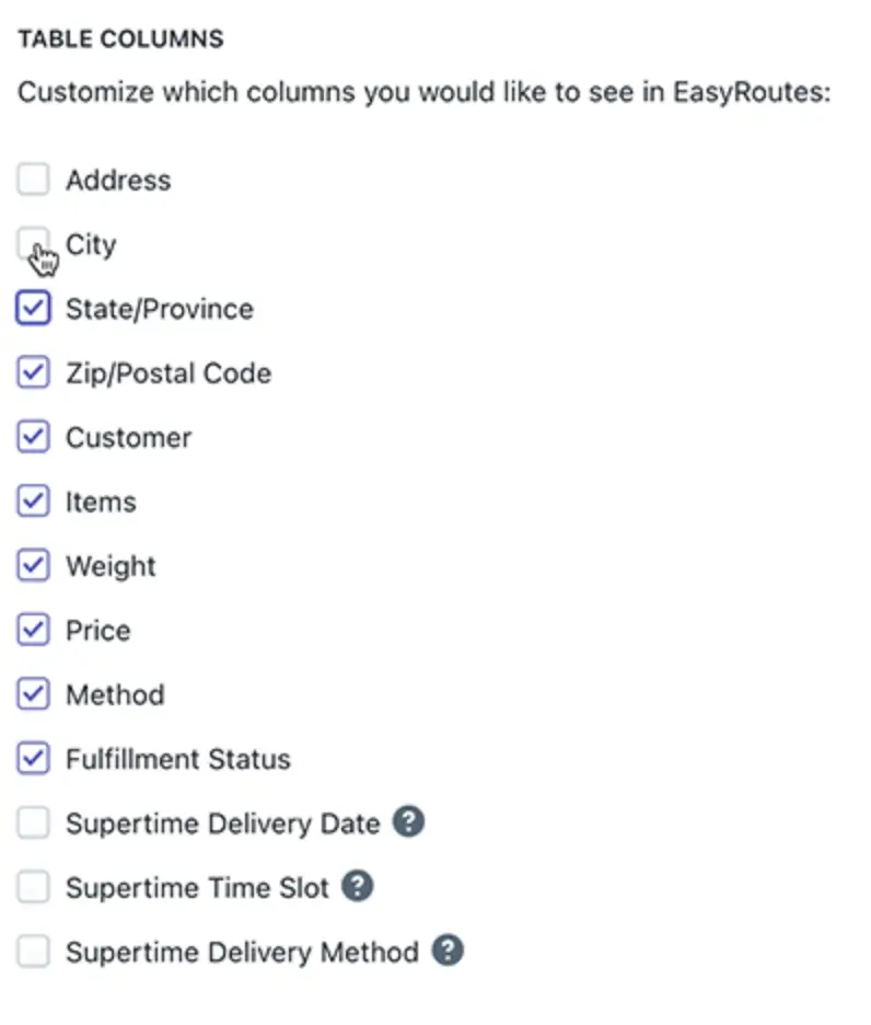 The Table Columns settings with City being unticked and columns such as Customer, Items, Weight and Fulfillment Status left ticked