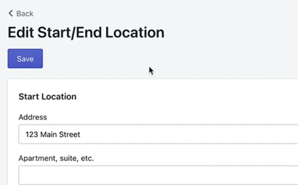 The Edit Start/End Location page with a Save button above the Start Location address fields
