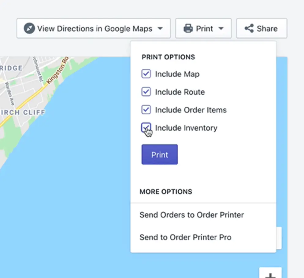 The Print menu open on a route with checkboxes to include the map, route, order items and inventory, and Include Inventory being clicked