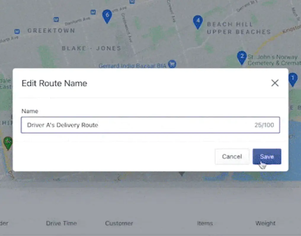 The Edit Route Name dialog with the name changed to “Driver A's Delivery Route” and the Save button being clicked